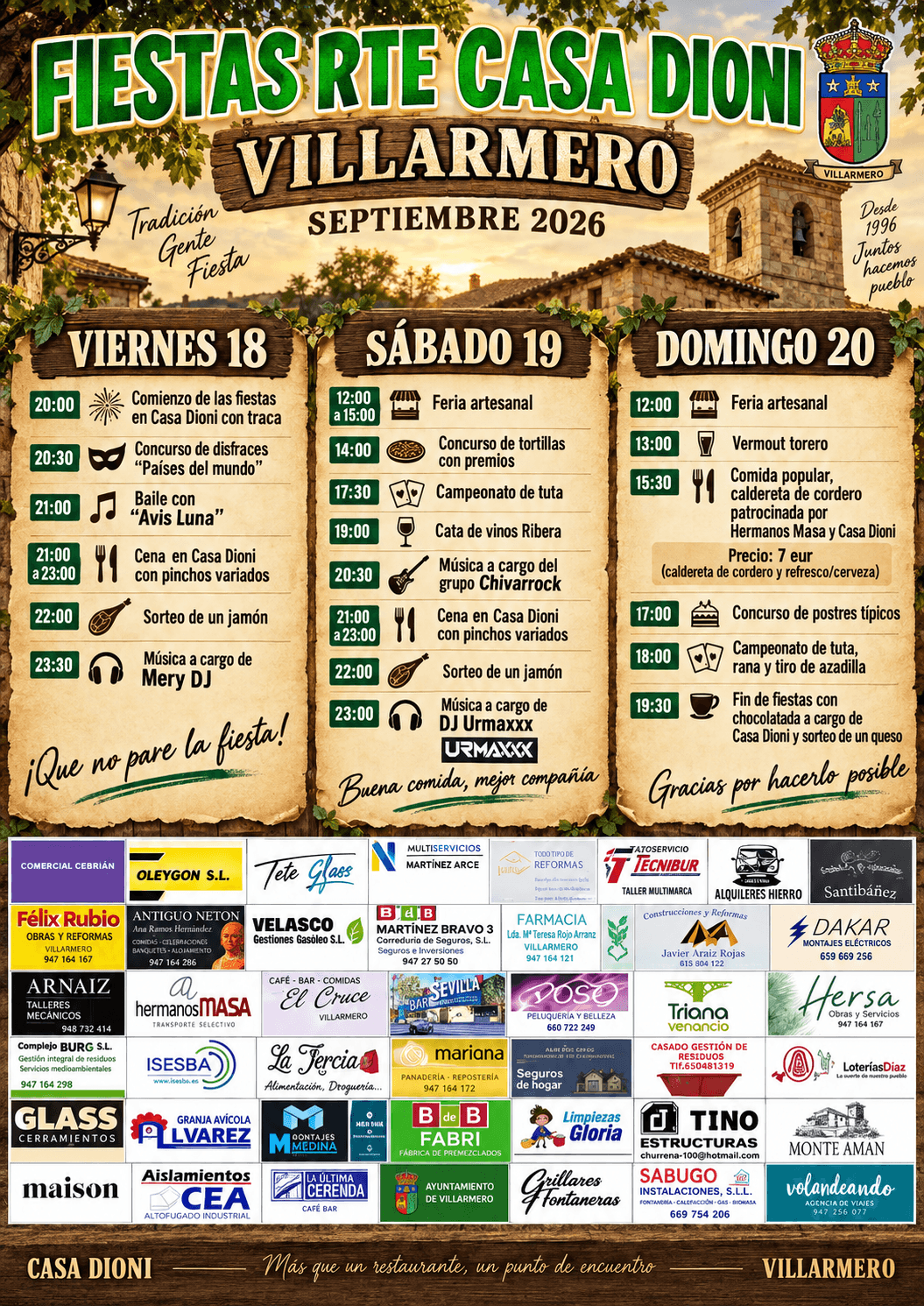 Fiestas RTE Casa Dioni en Villarmero 2026 | Música, feria artesanal y actividades del 18 al 20 de septiembre